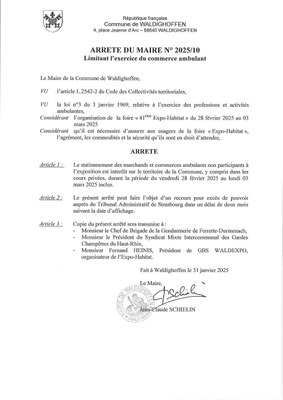 Arrêté du maire 2025/10 limitation commerce ambulant Expo Habitat 2025