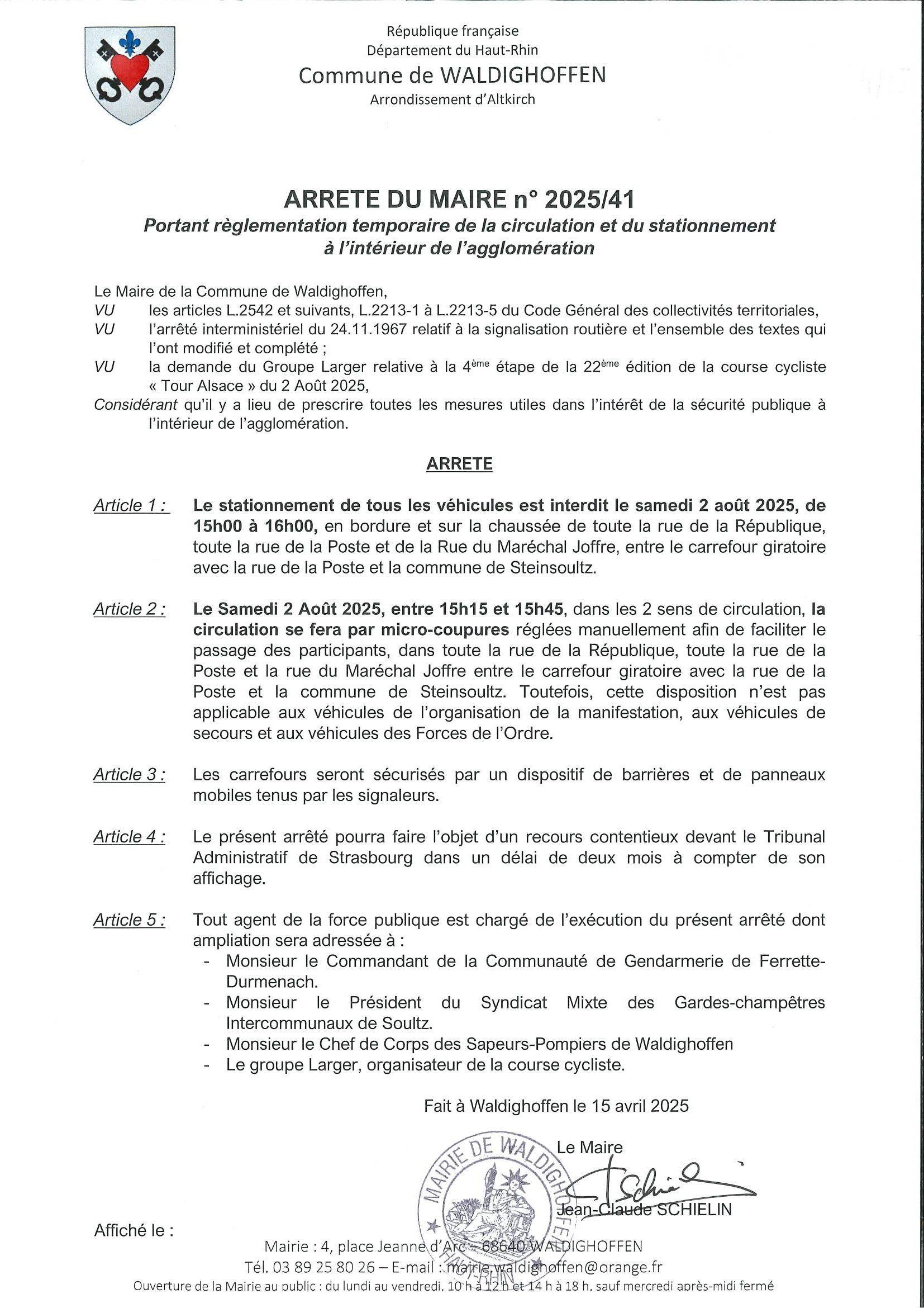Arrêté du Maire 2025/41 règlementant la circulation et le stationnement le 02/08/2025