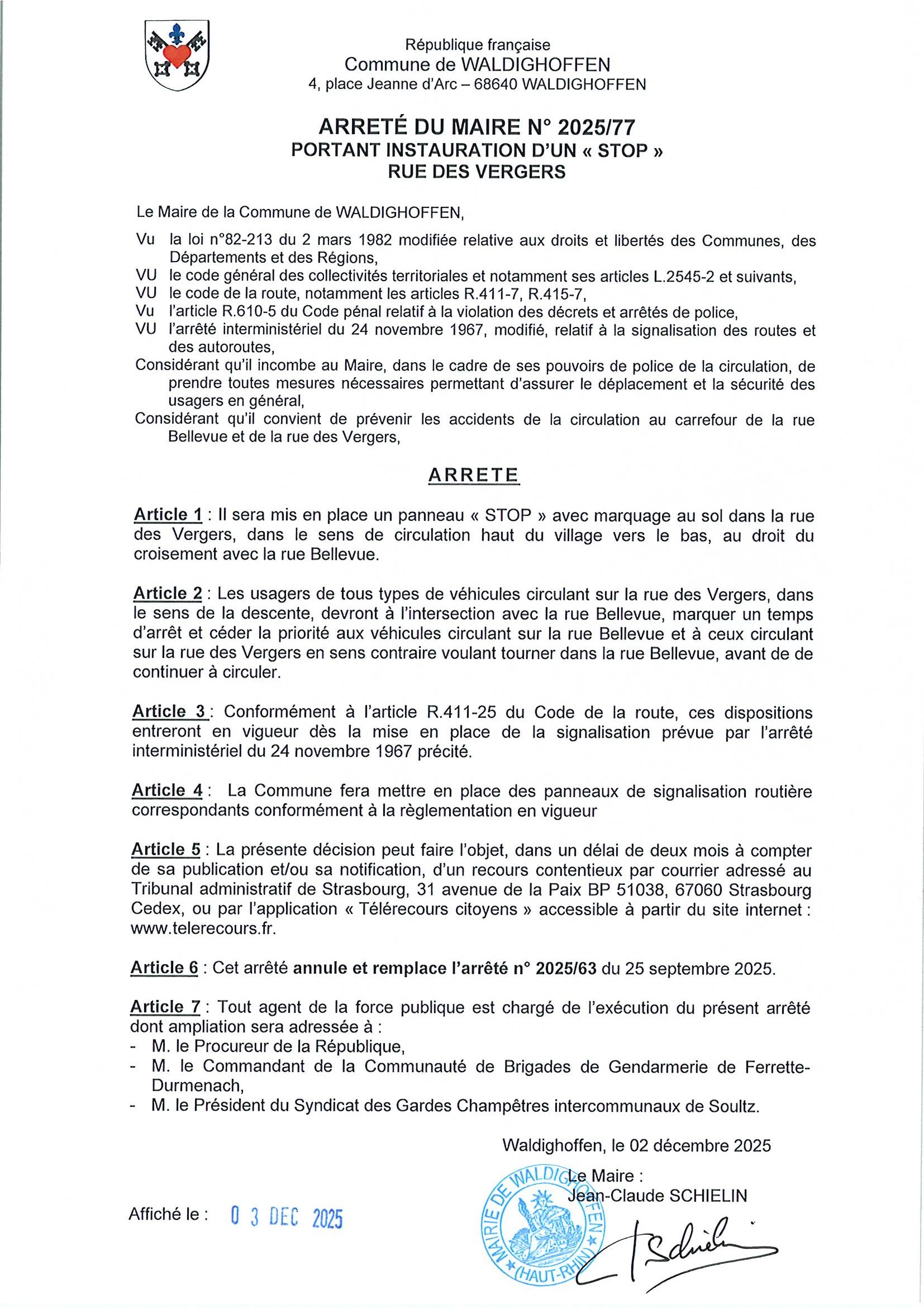 Arrêté du maire 2025/77 Instauration d'un "Stop" rue des Vergers