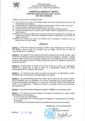 Arrêté du maire 2025/77 Instauration d'un "Stop" rue des Vergers