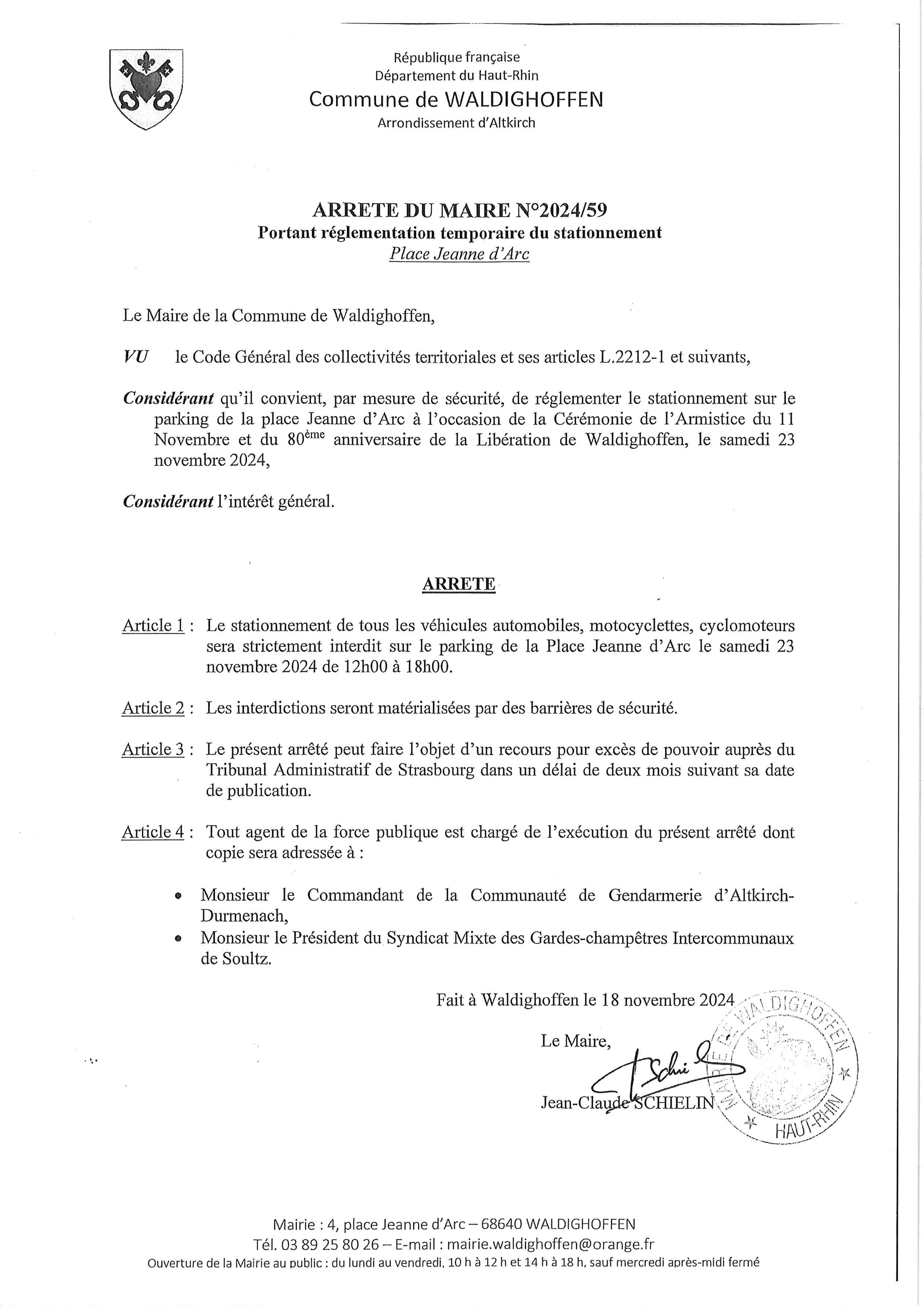 Arrêté du Maire n°2024/59 interdisant le stationnement parking place Jeanne d'Arc le 23/11/2024