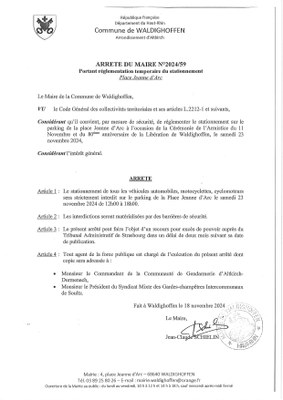 Arrêté du Maire n°2024/59 interdisant le stationnement parking place Jeanne d'Arc le 23/11/2024