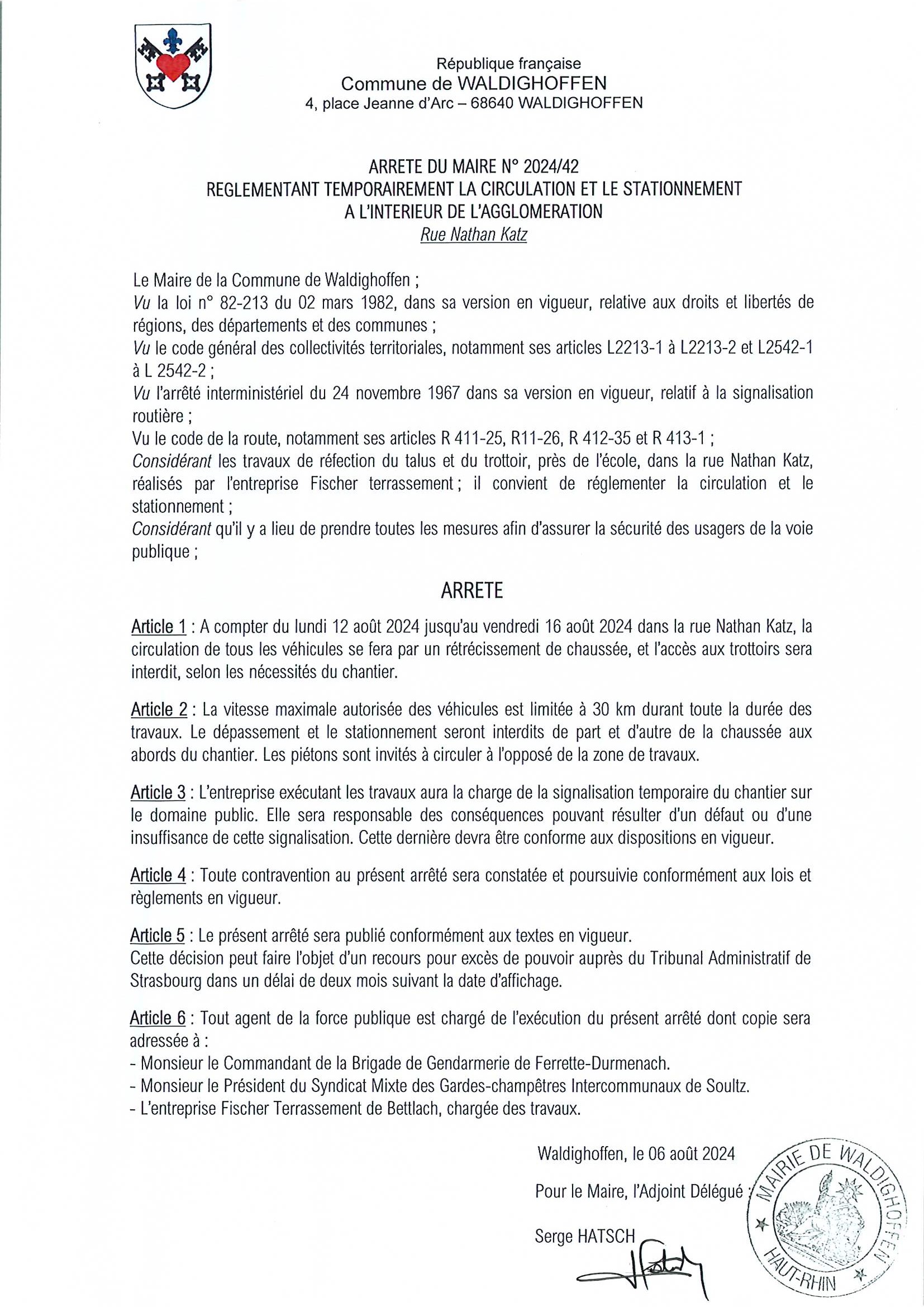 Arrêté du Maire n°2024/42 réglementant la circulation et le stationnement rue Nathan Katz du 12 au 16 août 2024