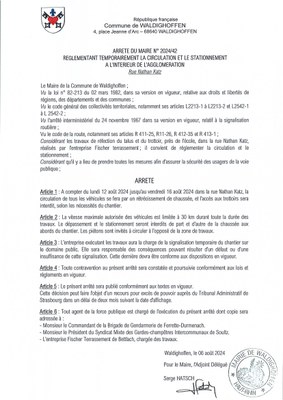 Arrêté du Maire n°2024/42 réglementant la circulation et le stationnement rue Nathan Katz du 12 au 16 août 2024