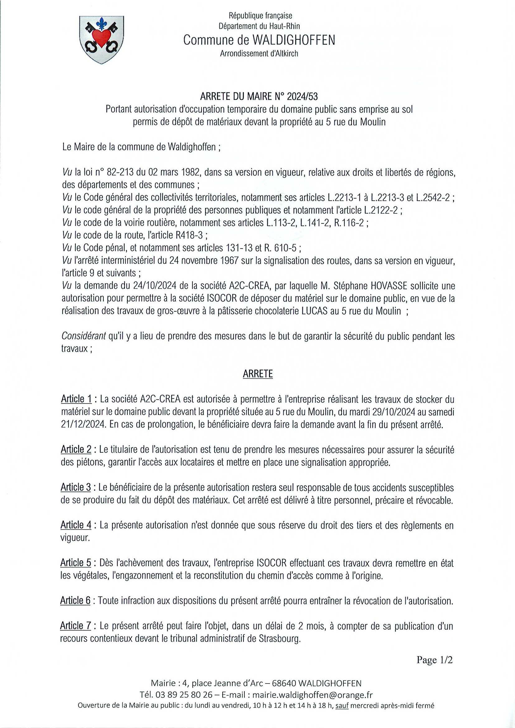 Arrêté du Maire n°2024/53. Occupation temporaire du domaine public rue du Moulin - page 1