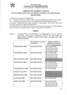 Arrêté du maire n°2025/13 page 1 Circulation rue des Ecoles Expo Habitat 2025