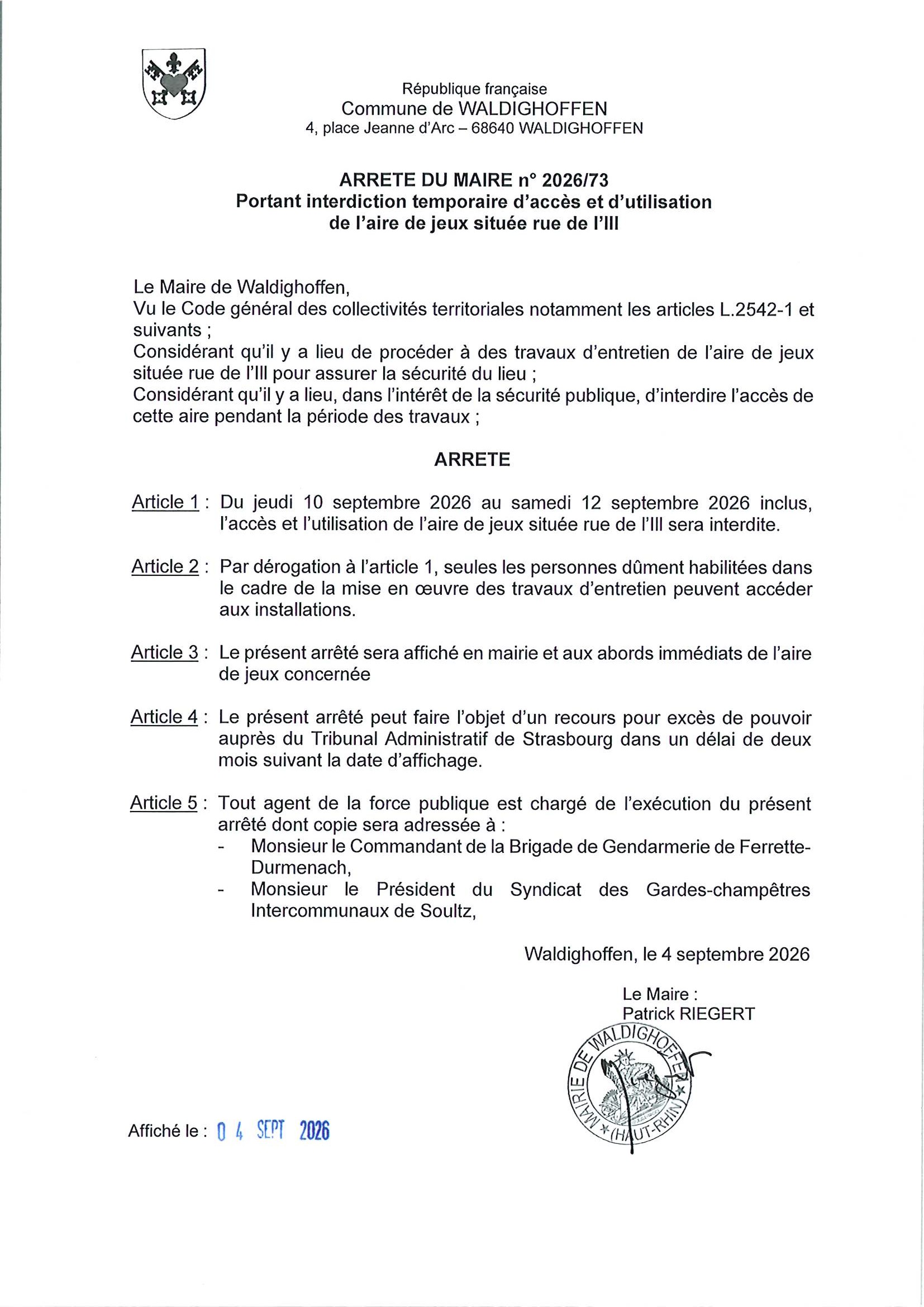 Arrêté du maire n°2026/73