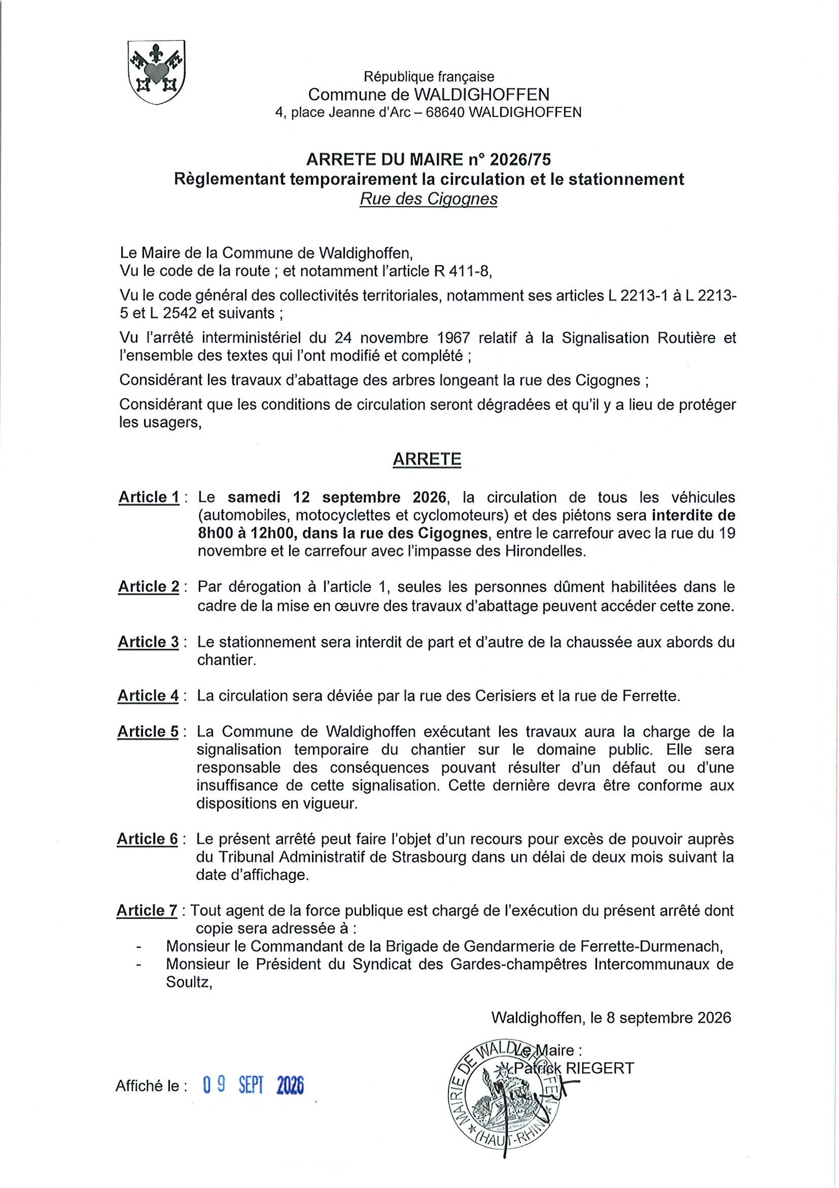 Arrêté n°2026/75 Circulation rue des Cigognes le 12/09/2026 - page 1