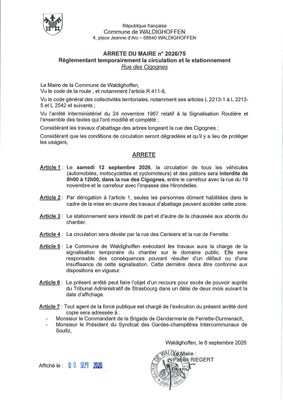 Arrêté n°2026/75 Circulation rue des Cigognes le 12/09/2026 - page 1