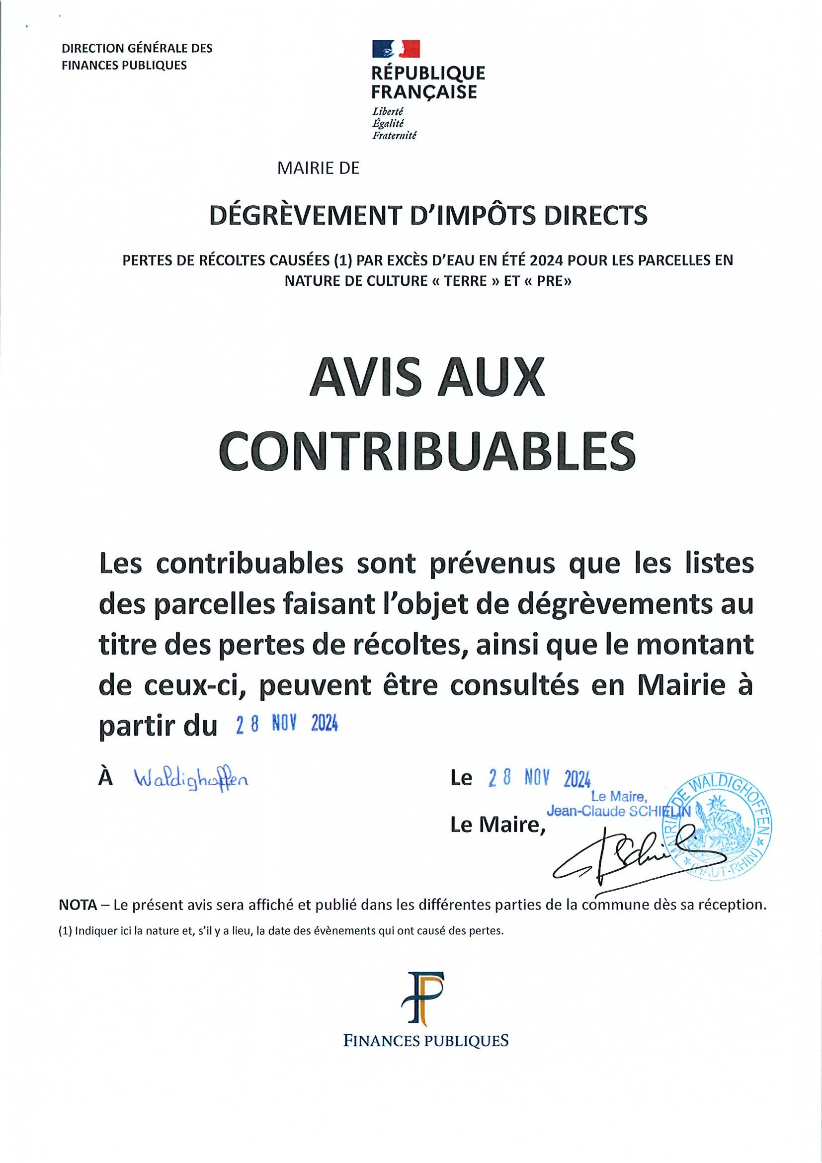 Avis aux contribuables. Dégrèvement pour pertes de récoltes.