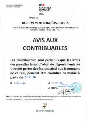 Avis aux contribuables. Dégrèvement pour pertes de récoltes.