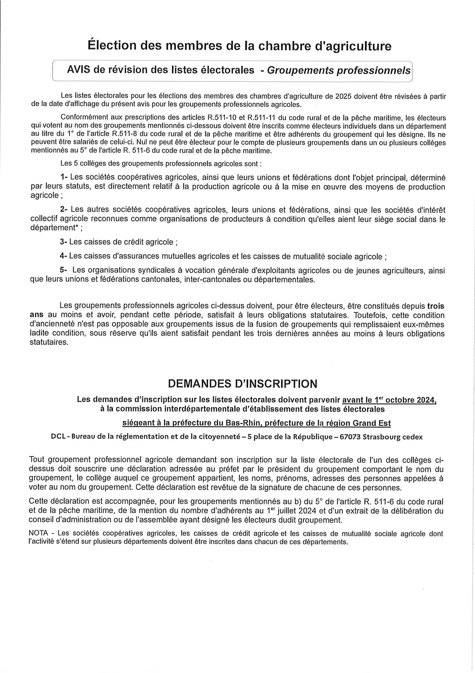 Avis de révision des listes électorales - Groupements professionnels