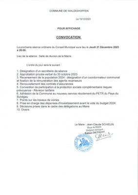 Convocation à la réunion du conseil municipal du 21/12/2023