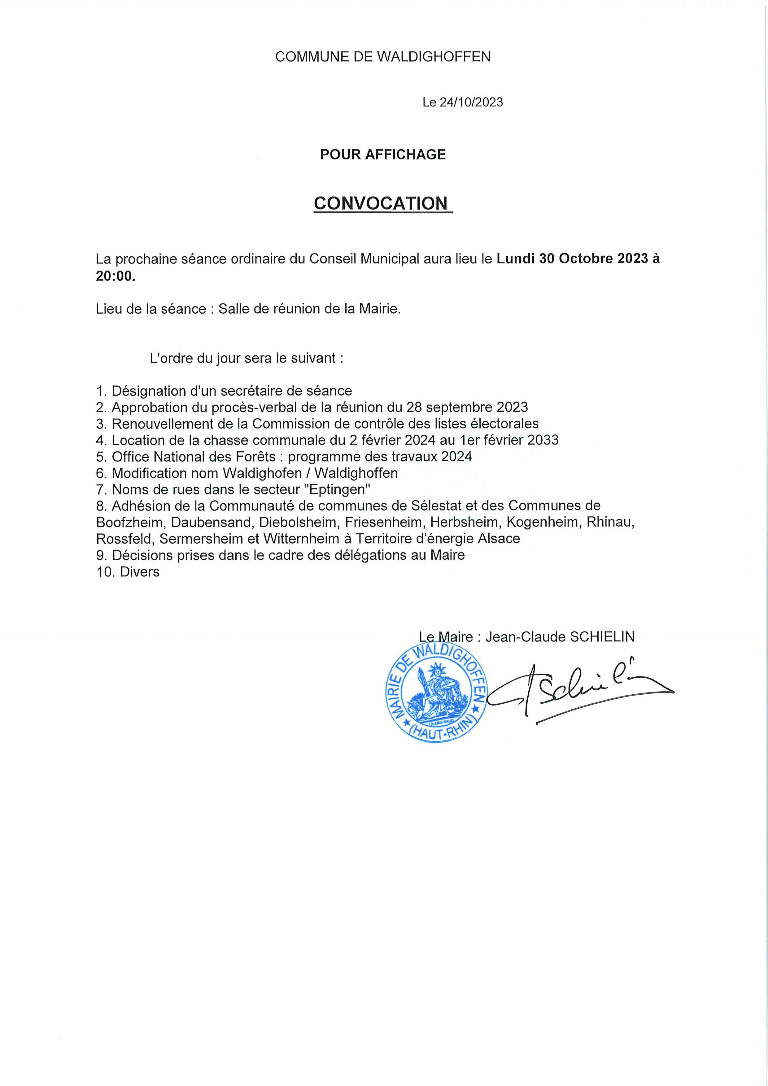 Convocation à la réunion du conseil municipal du 30/10/2023