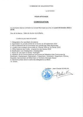 Convocation à la réunion du conseil municipal du 30/10/2023