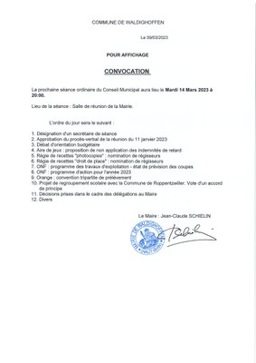 Convocation du conseil municipal à la réunion du 14 mars 2023