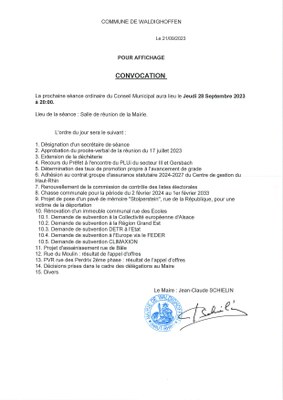 Convocation du conseil municipal à la réunion du 28/09/2023