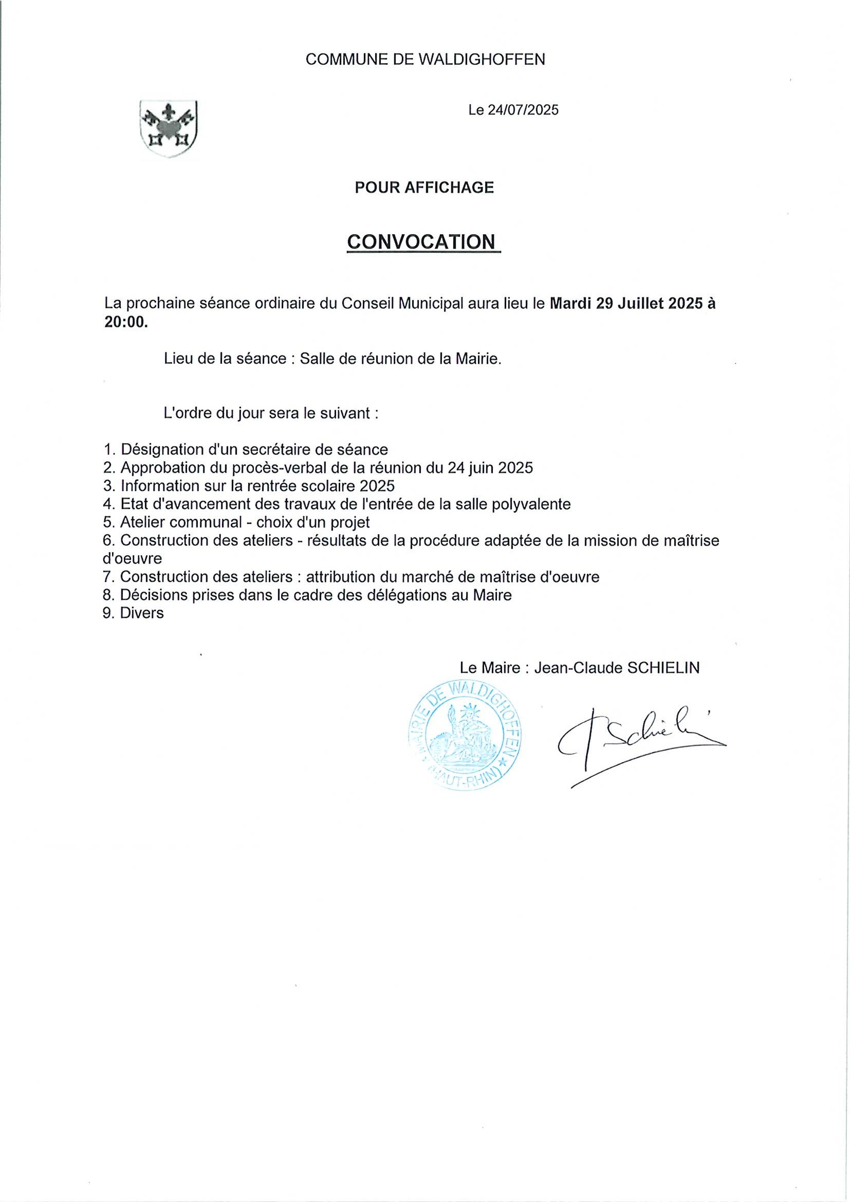 Convocation du conseil municipal à la réunion du 29/07/2025