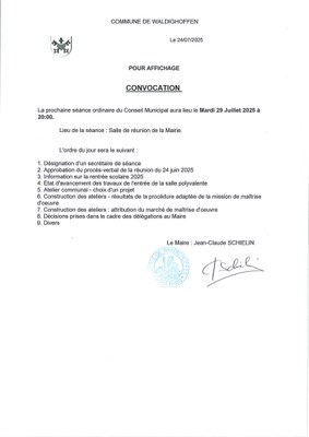 Convocation du conseil municipal à la réunion du 29/07/2025