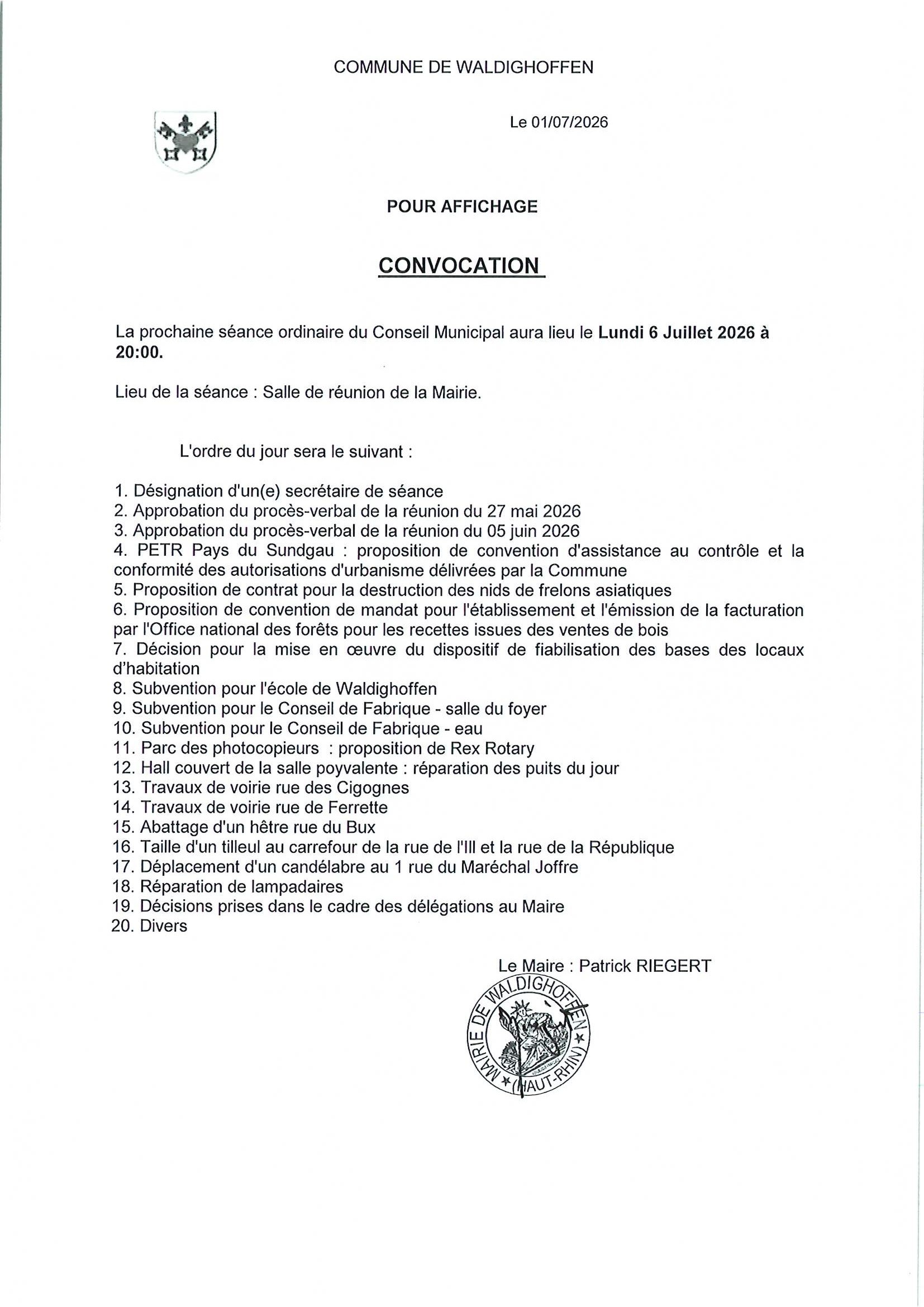 Convocation du conseil municipal du 06/07/2026
