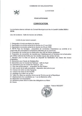 Convocation du conseil municipal du 06/07/2026