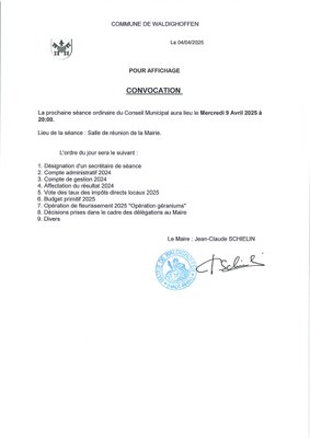 Convocation du conseil municipal du 09/04/2025