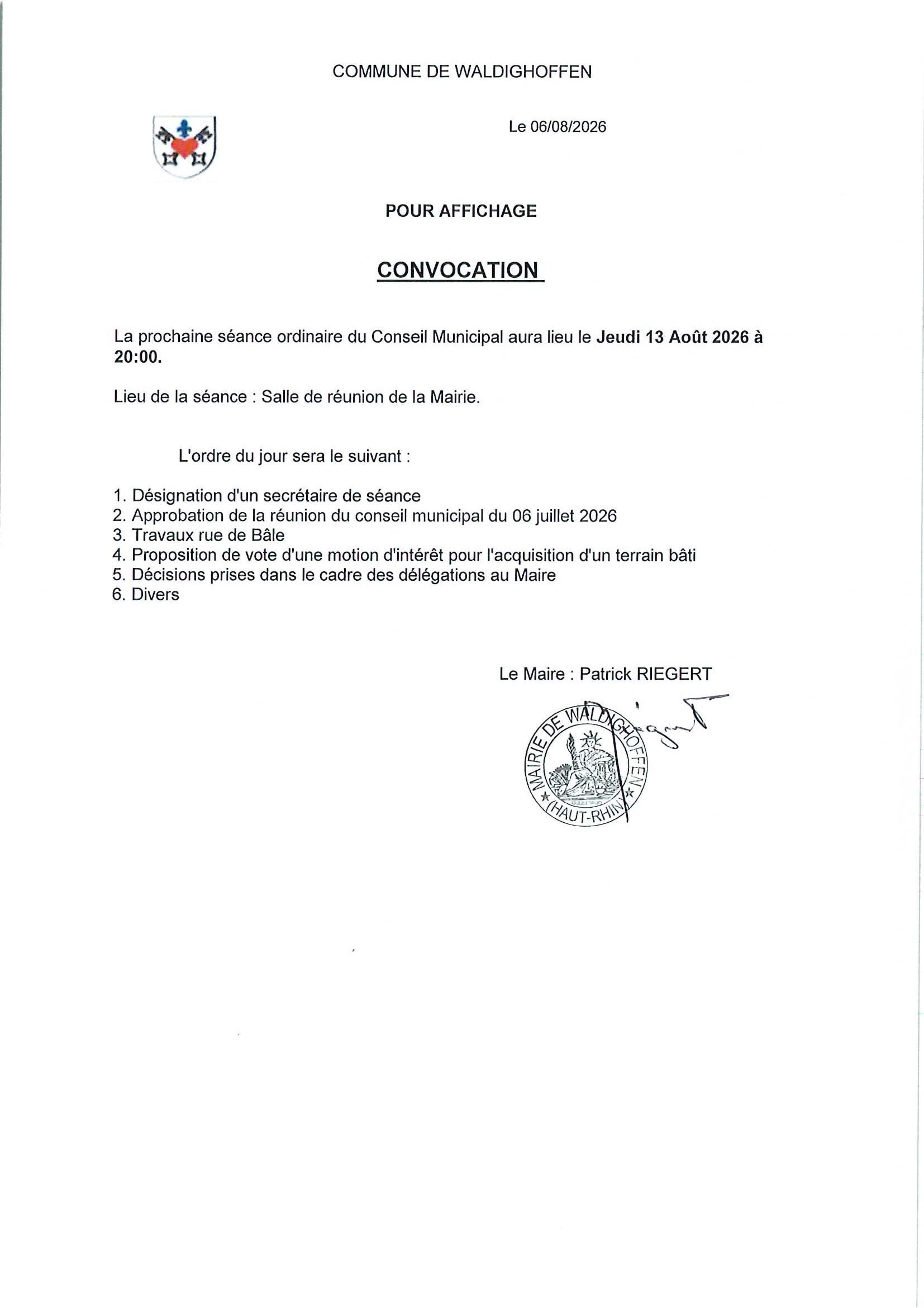 Convocation du conseil municipal du 13/08/2026