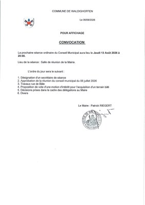 Convocation du conseil municipal du 13/08/2026