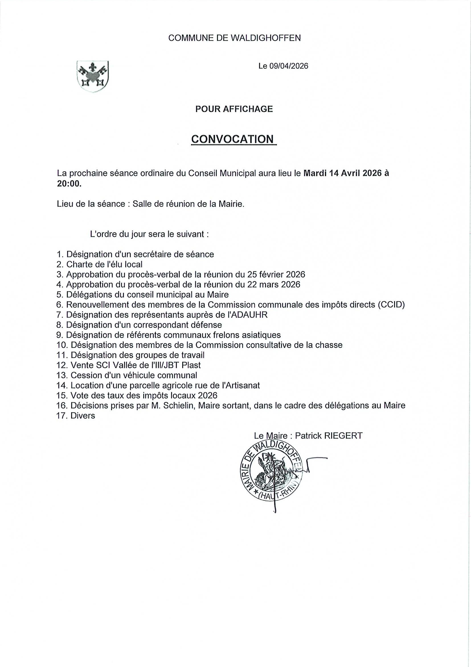 Convocation du conseil municipal du 14/04/2026