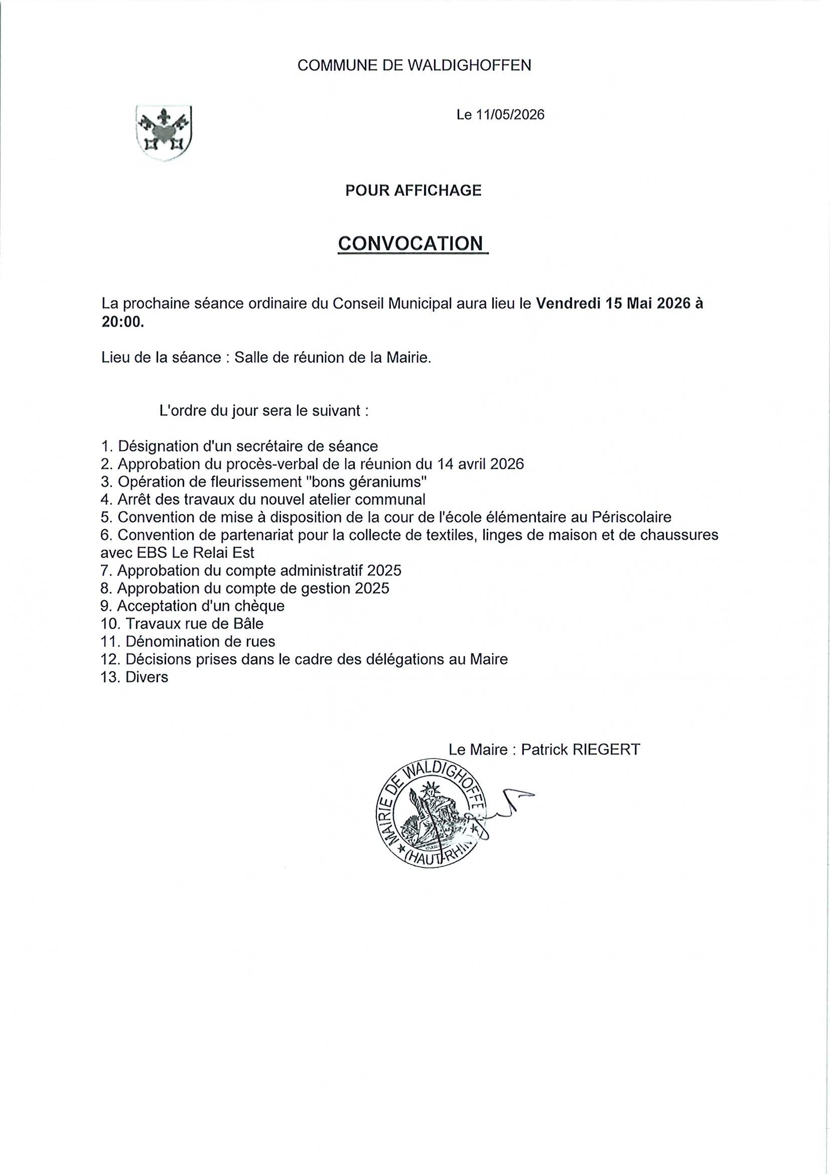 Convocation du conseil municipal du 15/05/2026