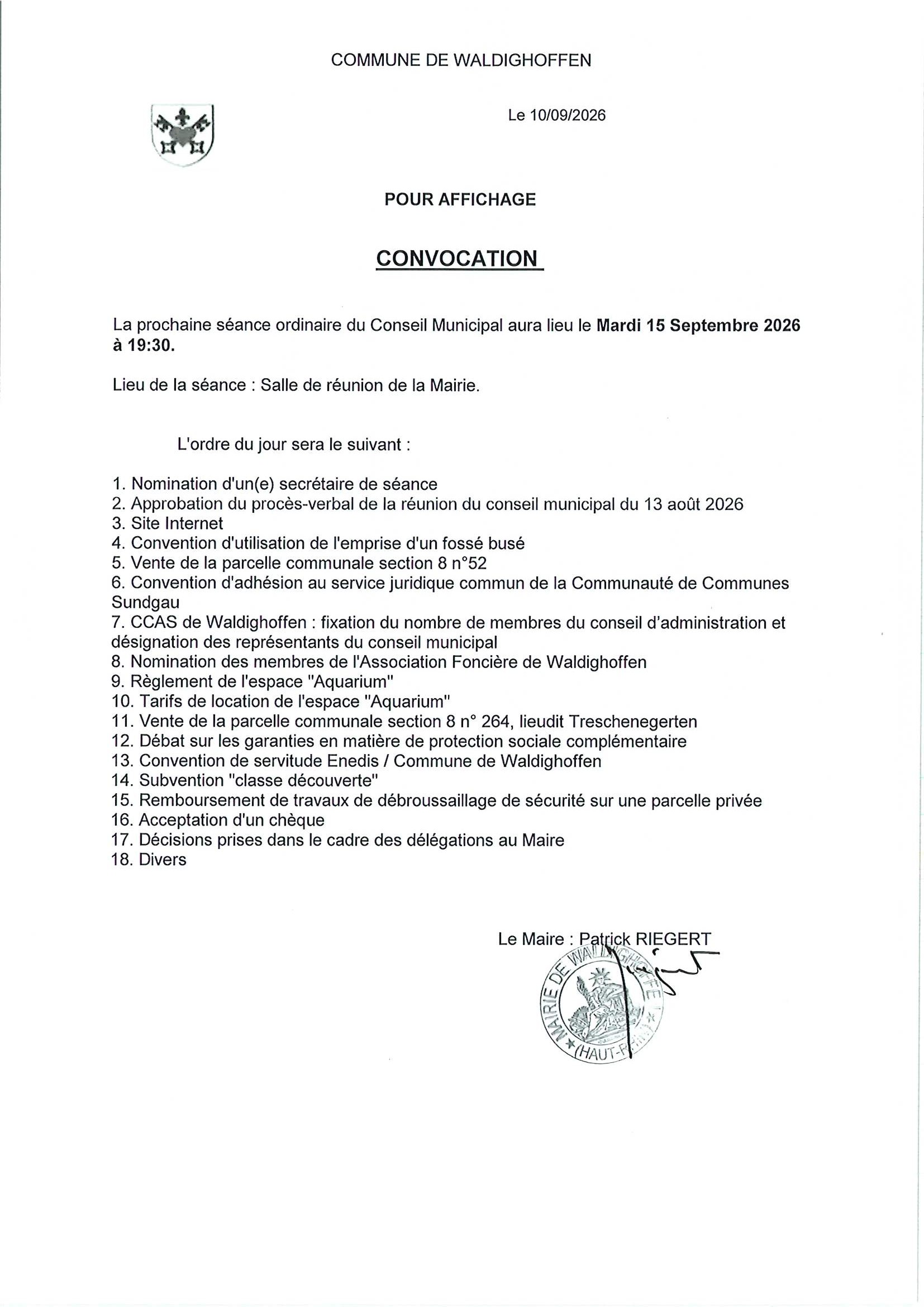 Convocation du conseil municipal du 15/09/2026