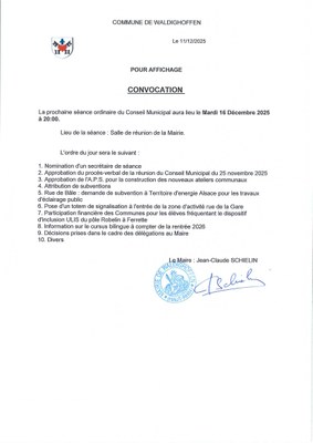Convocation du conseil municipal du 16 décembre 2025