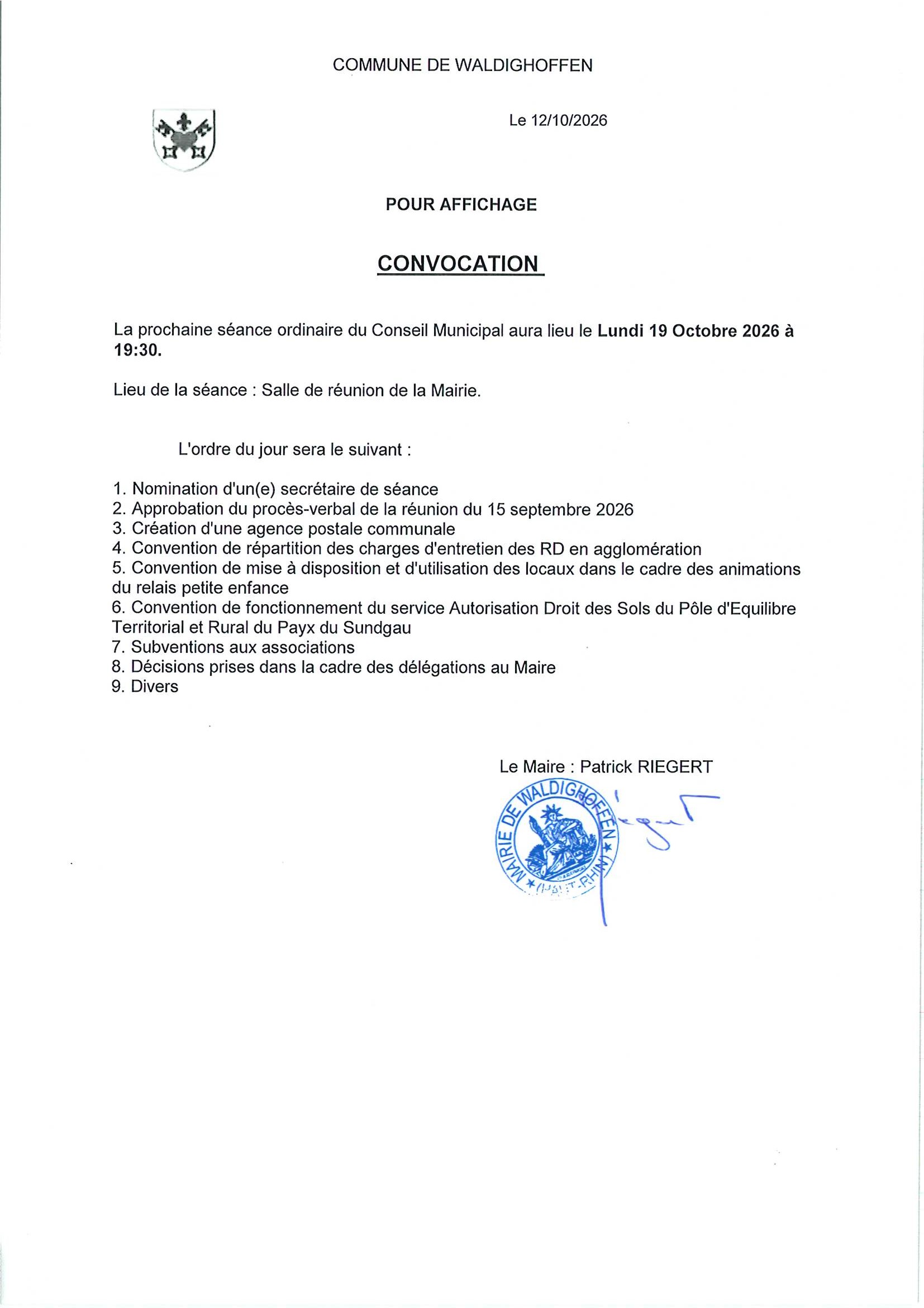 Convocation du conseil municipal du 19/10/2026