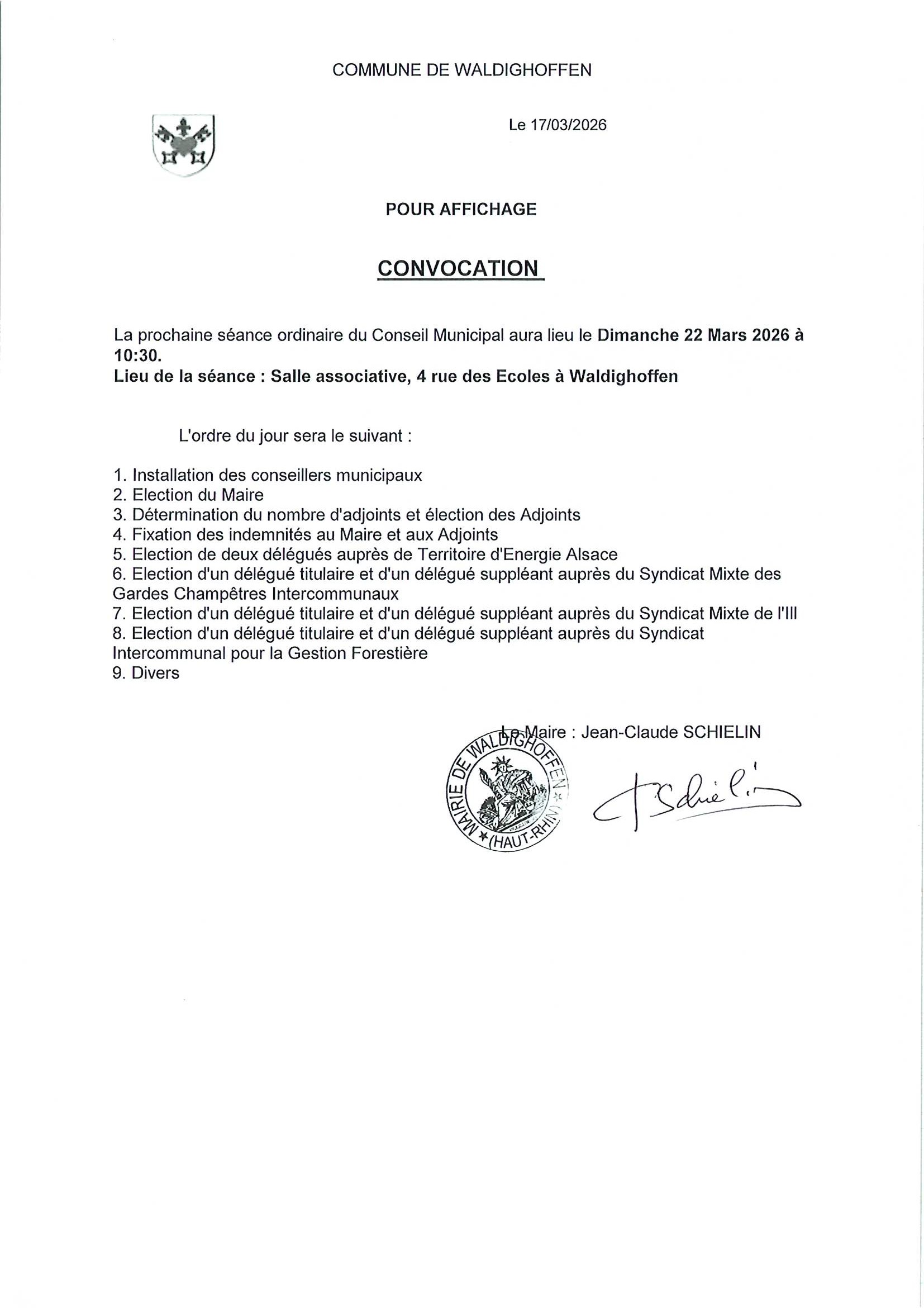 Convocation du conseil municipal du 22/03/2026
