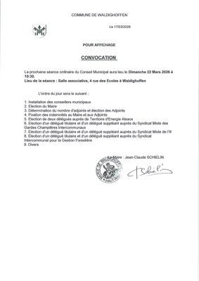 Convocation du conseil municipal du 22/03/2026