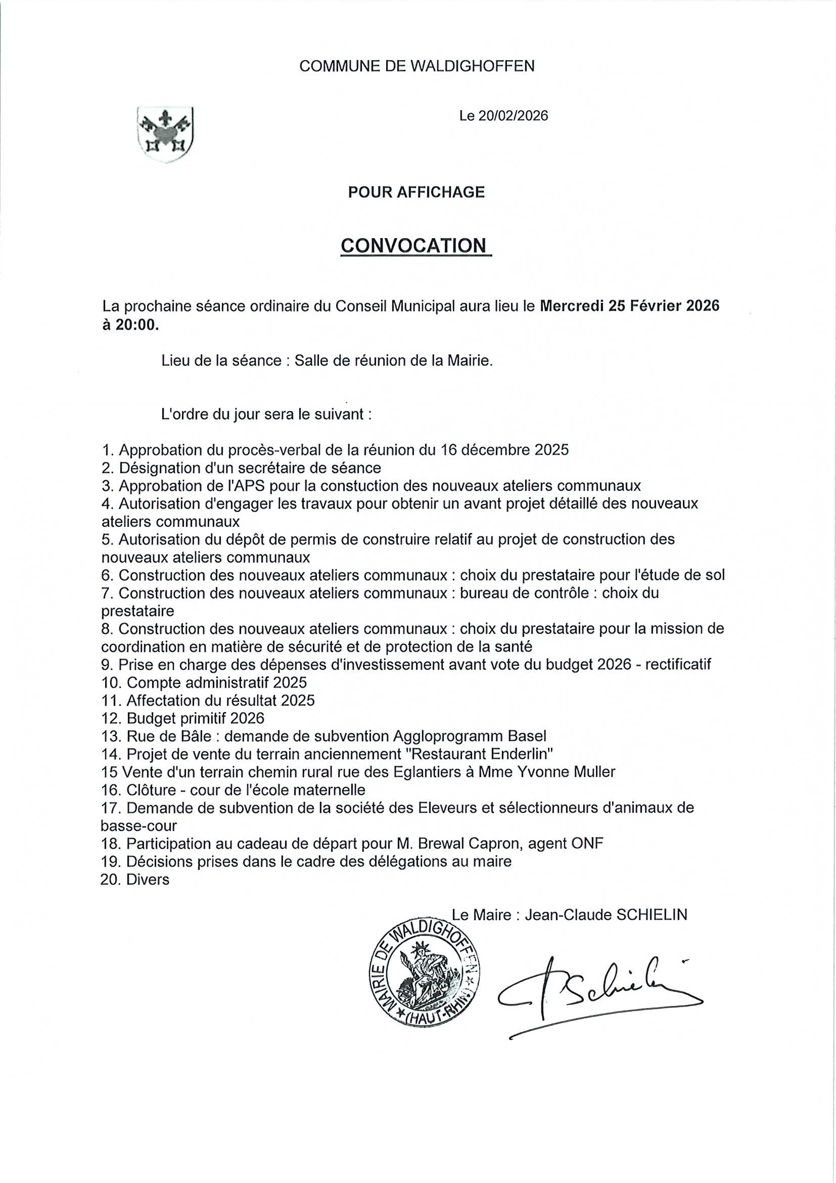 Convocation du conseil municipal du 25/02/2026