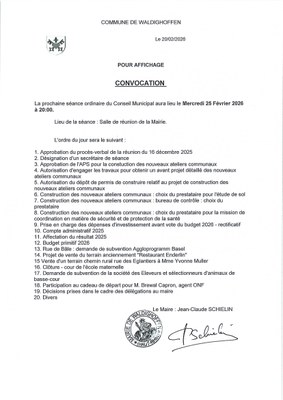 Convocation du conseil municipal du 25/02/2026