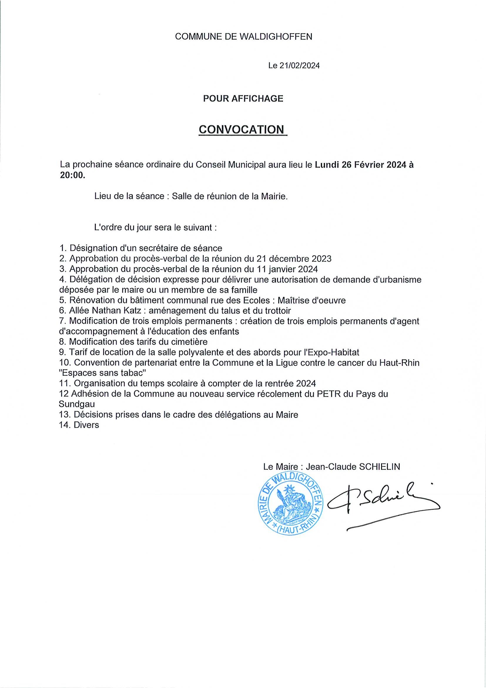 Convocation du conseil municipal du 26 février 2024