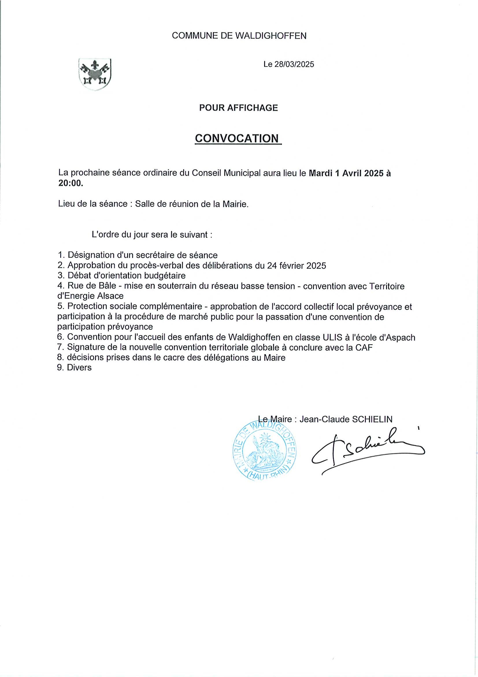 Convocation du conseil municipal - réunion du 01/04/2025