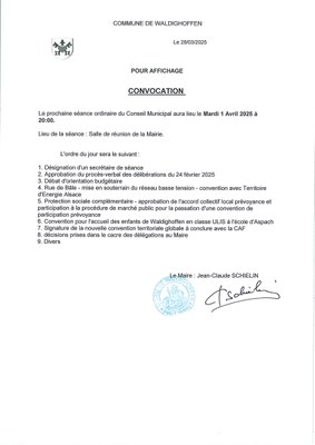 Convocation du conseil municipal - réunion du 01/04/2025