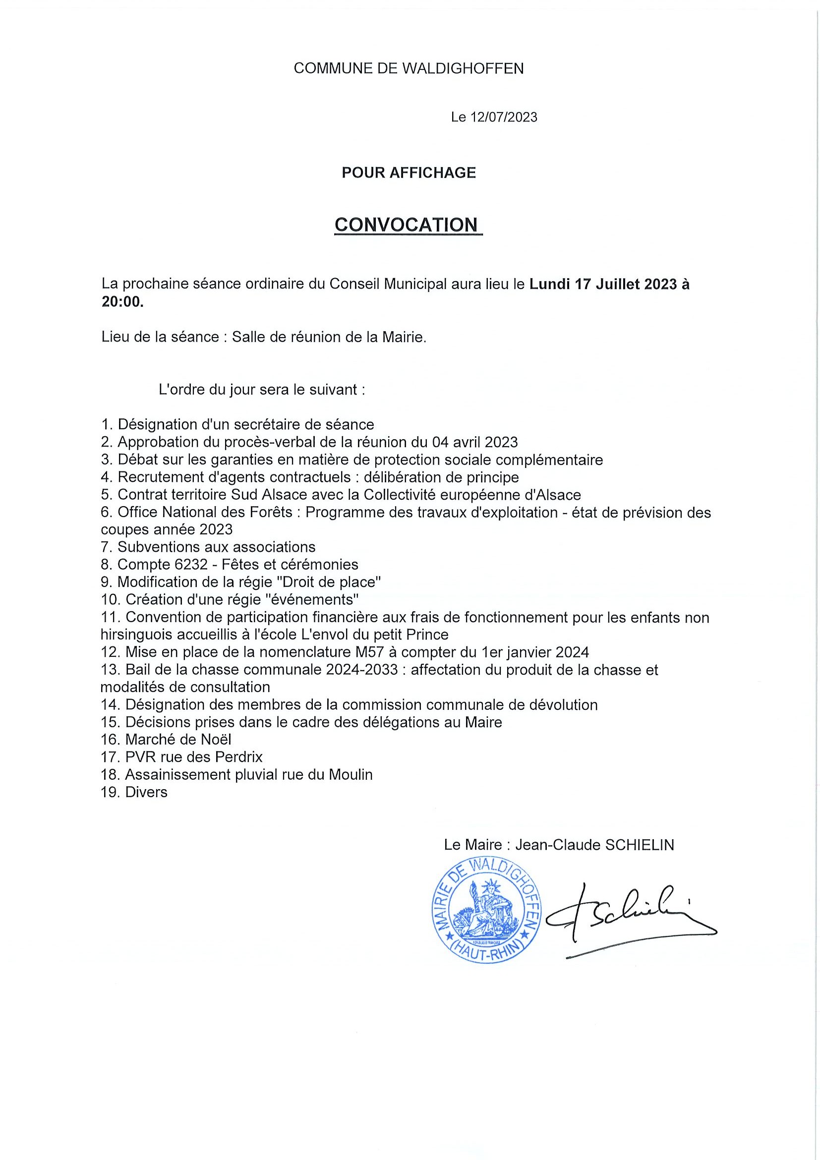 Convocation du conseil municipal - réunion du 17/07/2023