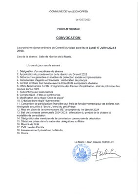 Convocation du conseil municipal - réunion du 17/07/2023