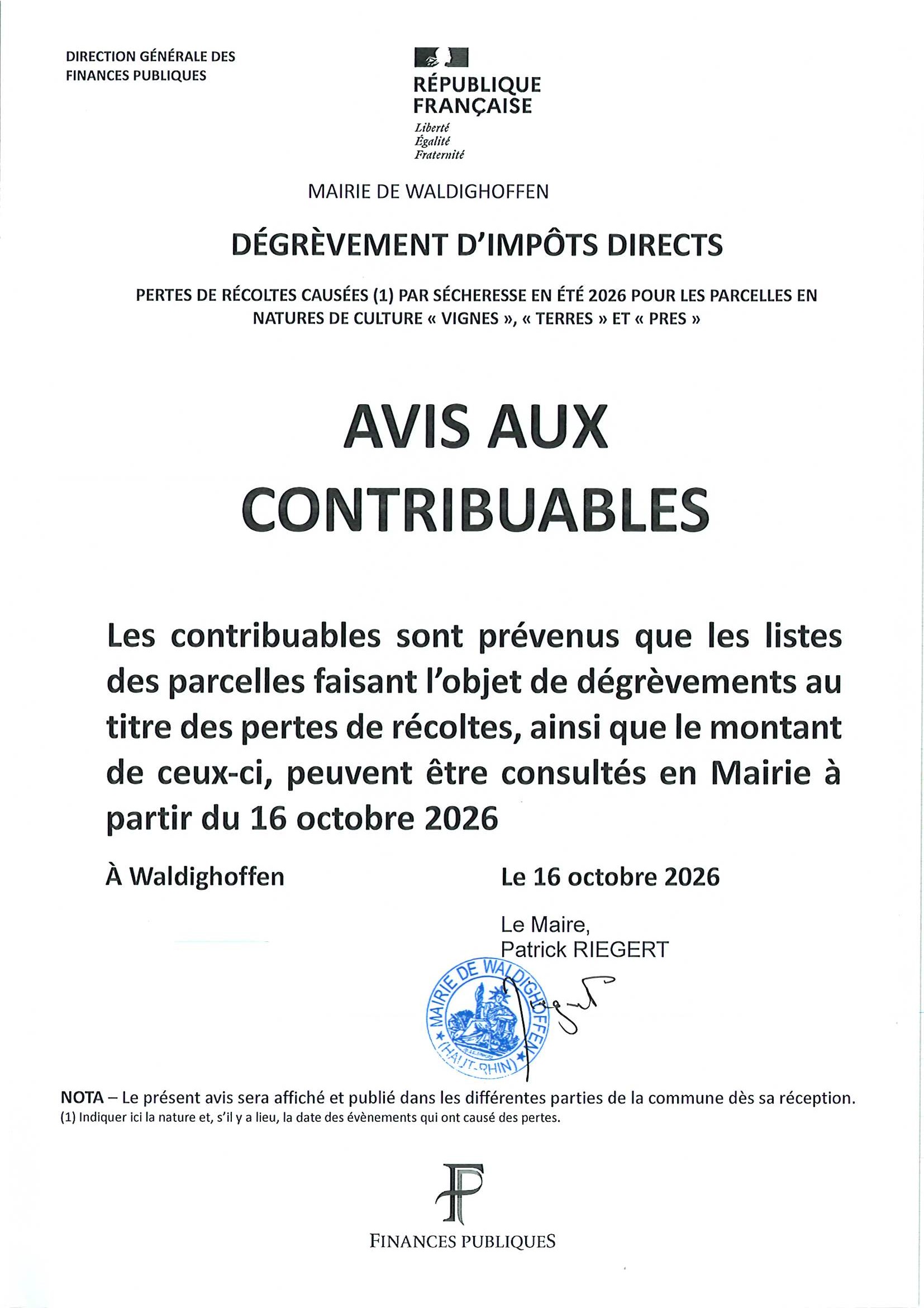 Dégrèvement d'impôts directs - Avis aux contribuables