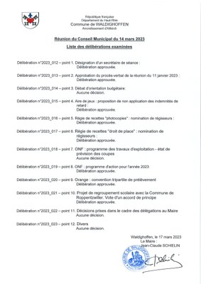 Liste des délibérations de la réunion du 14 mars 2023