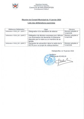 Liste des délibérations de la réunion du conseil municipal du 11/01/2024