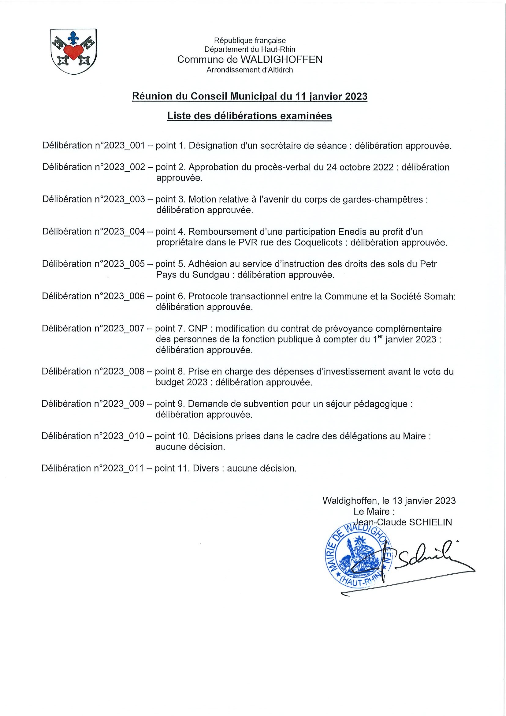 Liste des délibérations de la réunion du conseil municipal du 11/01/2023