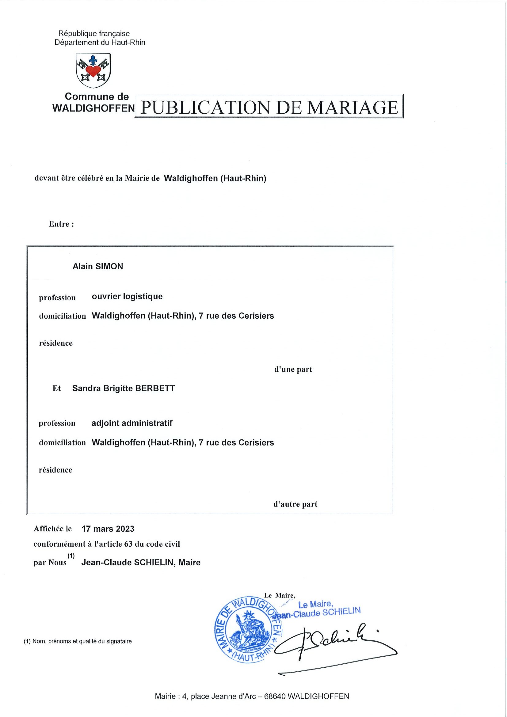 Publication du projet de mariage entre M. Simon Alain et Mme Berbett Sandra
