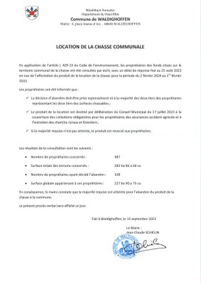 PV de la consultation de la répartition du loyer de la chasse
