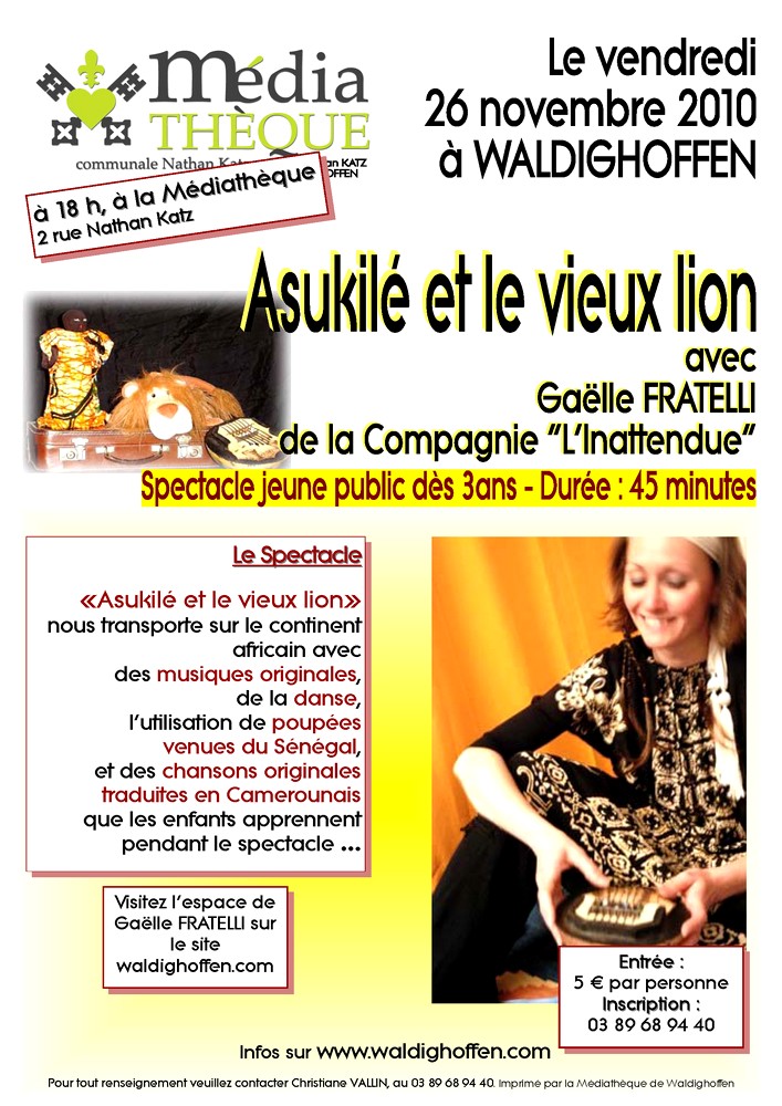 Affiche du spectacle pour enfants "Asukilé et le vieux lion" avec Gaëlle Fratelli