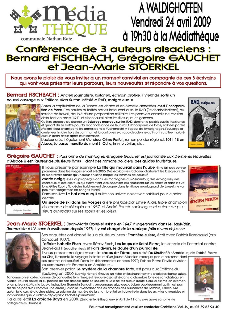 Affiche de la conférence, le 24 avril 2009, de 3 auteurs alsaciens